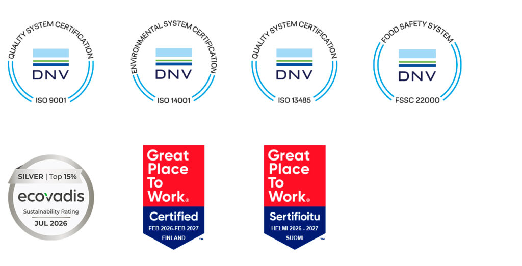 Certifications and recognitions including ISO 9001, ISO 14001, ISO 13485, FSSC 22000, EcoVadis Silver Sustainability Rating, and Great Place to Work Certified